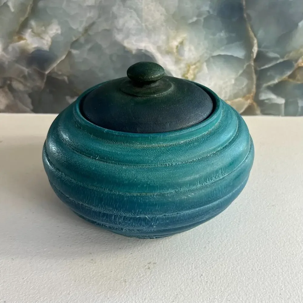 Vintage Lathe Turned Wooden Trinket Box with Lid Ombre Blue Teal